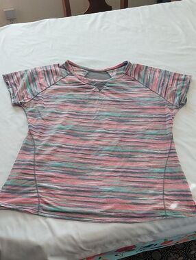 Climate Right Cuddle Duds Striped Short-Sleeve Womens Top in Coral, Mint & Gray.